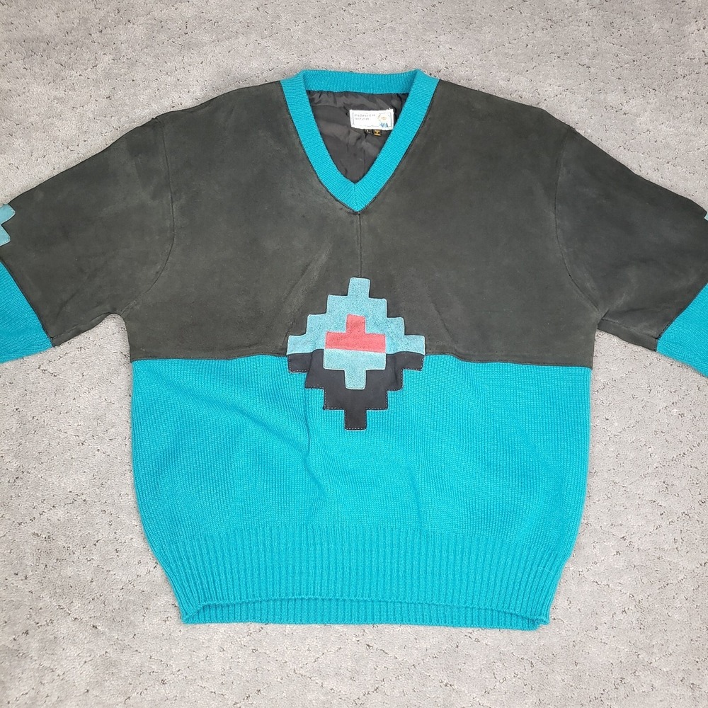 VTG Pioneer Wear Sweater Mens Large Black Turquoise Leather Aztec Southwestern‎